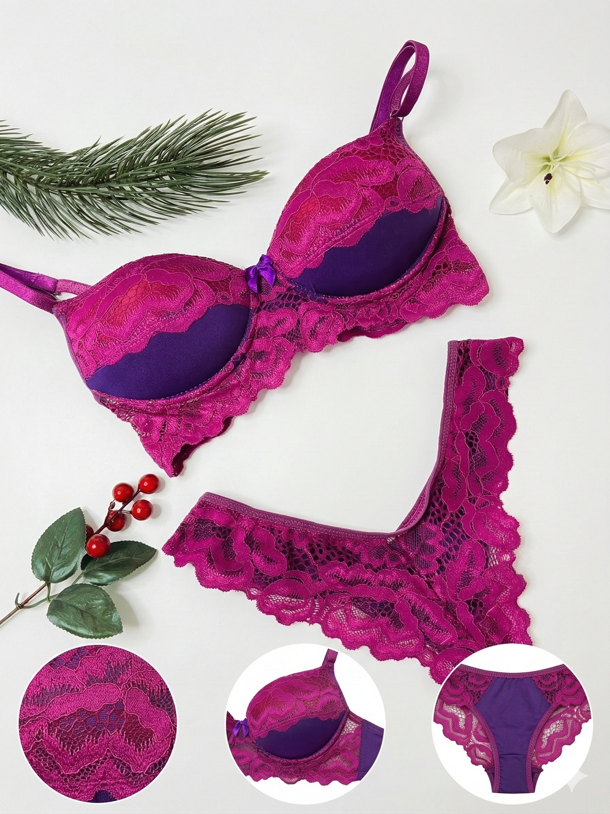 Conjunto Renda Fúcsia e Cetim Roxo